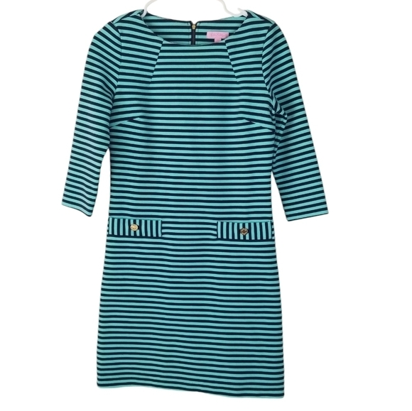 Lilly Pulitzer Charlene Dress Tropez Blue Ottoman Stripe 3/4 Sleeves Size S - Picture 2 of 14